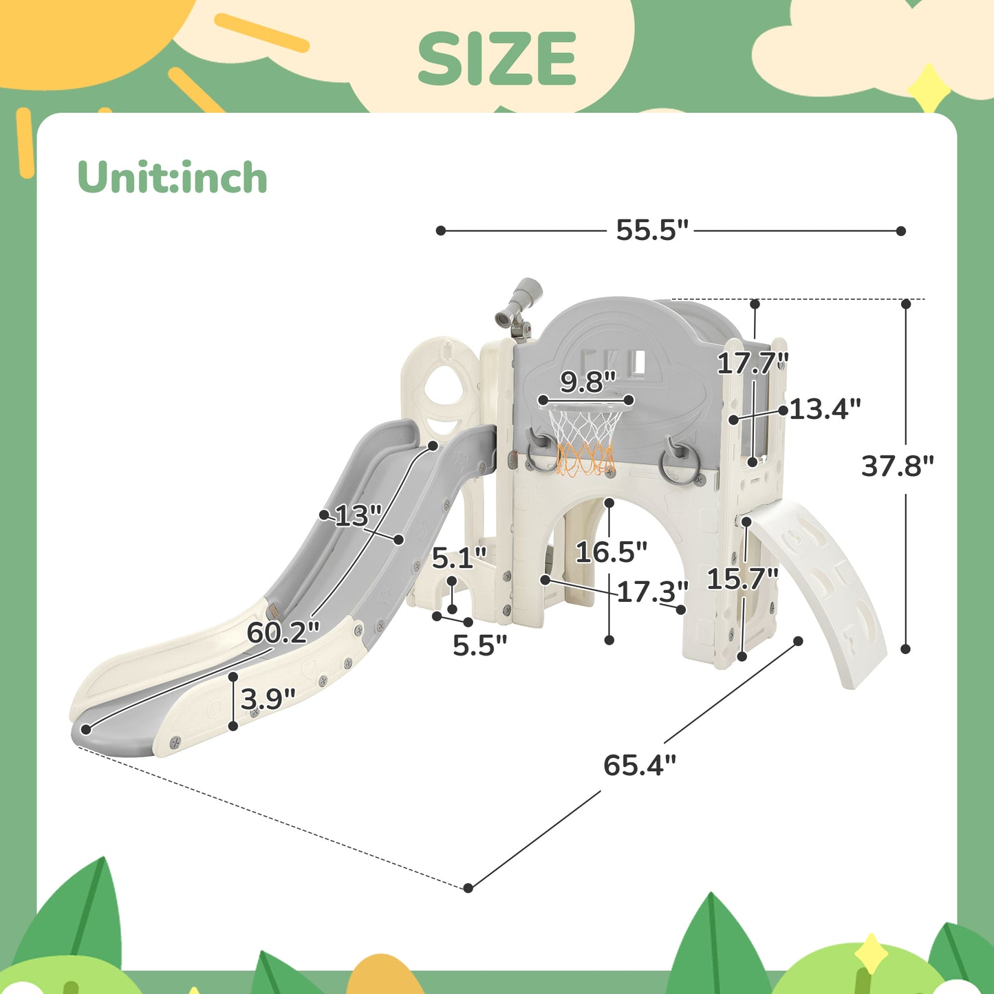 Kinderrutschen-Spielset-Struktur 7 in 1, freistehendes Raumschiff-Set mit Rutsche, Bogentunnel Grau+Weiß + HDPE