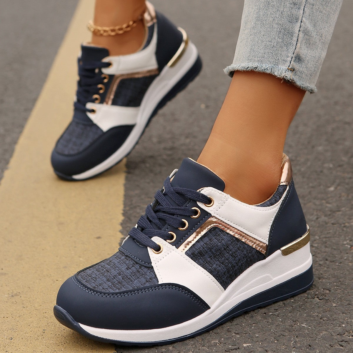 Colorblock-Schnür-Sneakers, modische, lässige Sportschuhe mit dicker Sohle, runde Zehenpartie, Slip-On-Freizeitschuhe für Damen
