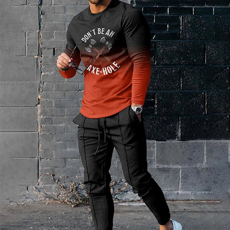Men's Fashion Casual Round Neck 3D Digital Printing Two-piece Suit