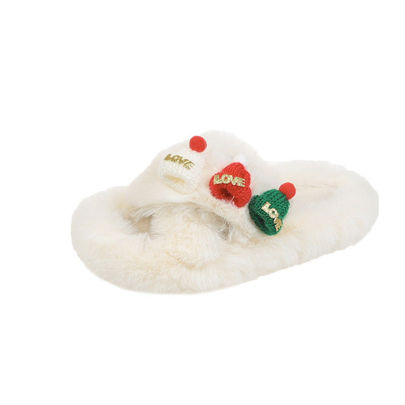 Weihnachtsmütze Flauschige Hausschuhe Damen Warme Zehenbedeckung Baumwollpantoffeln