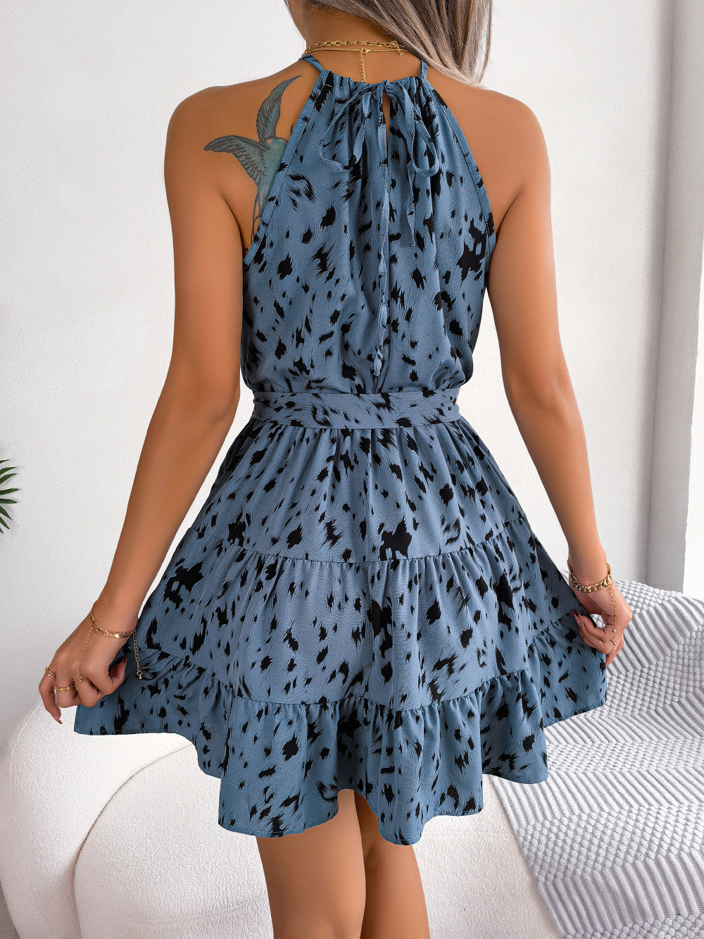 Lässiges Leopardenmuster Rüschen Swing Kleid Sommermode Strandkleider Damen
