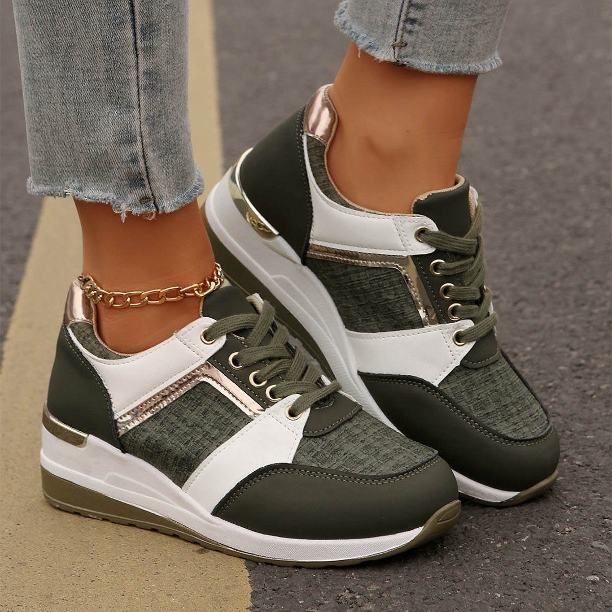 Colorblock-Schnür-Sneakers, modische, lässige Sportschuhe mit dicker Sohle, runde Zehenpartie, Slip-On-Freizeitschuhe für Damen