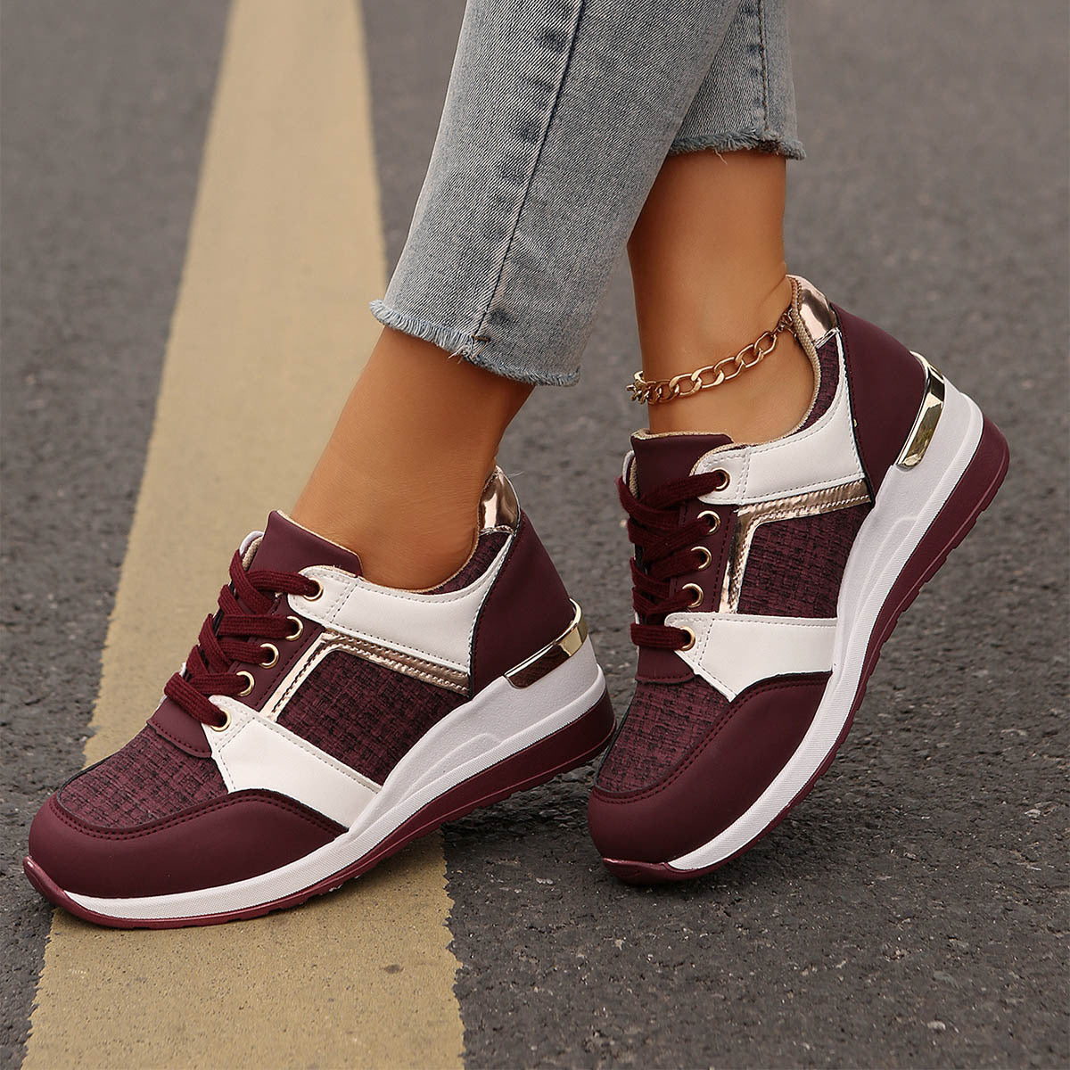 Colorblock-Schnür-Sneakers, modische, lässige Sportschuhe mit dicker Sohle, runde Zehenpartie, Slip-On-Freizeitschuhe für Damen