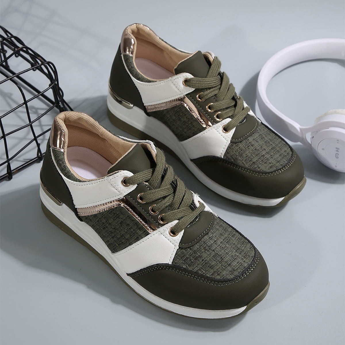 Colorblock-Schnür-Sneakers, modische, lässige Sportschuhe mit dicker Sohle, runde Zehenpartie, Slip-On-Freizeitschuhe für Damen