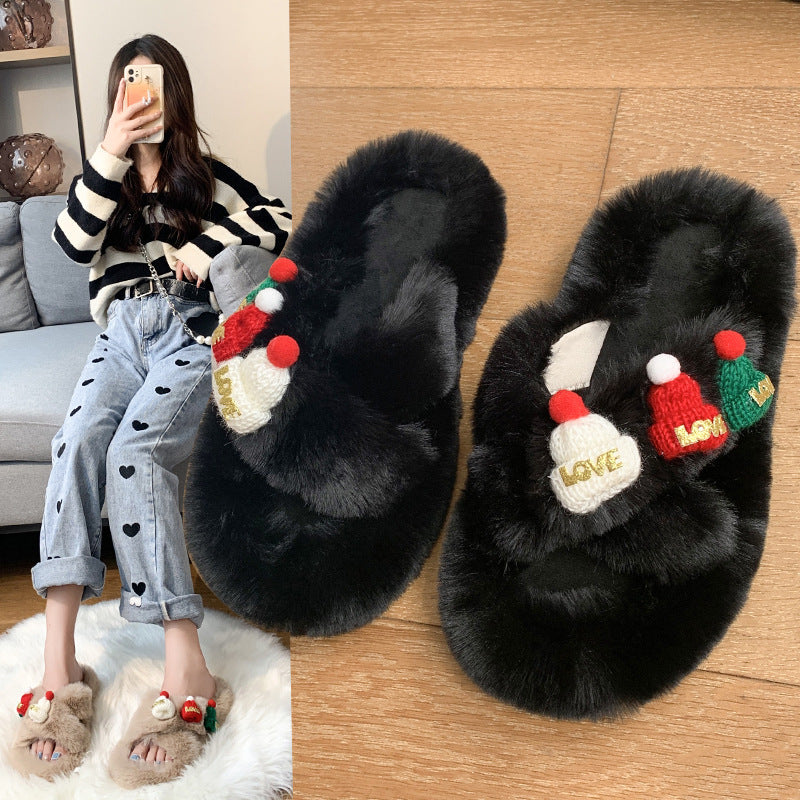Weihnachtsmütze Flauschige Hausschuhe Damen Warme Zehenbedeckung Baumwollpantoffeln