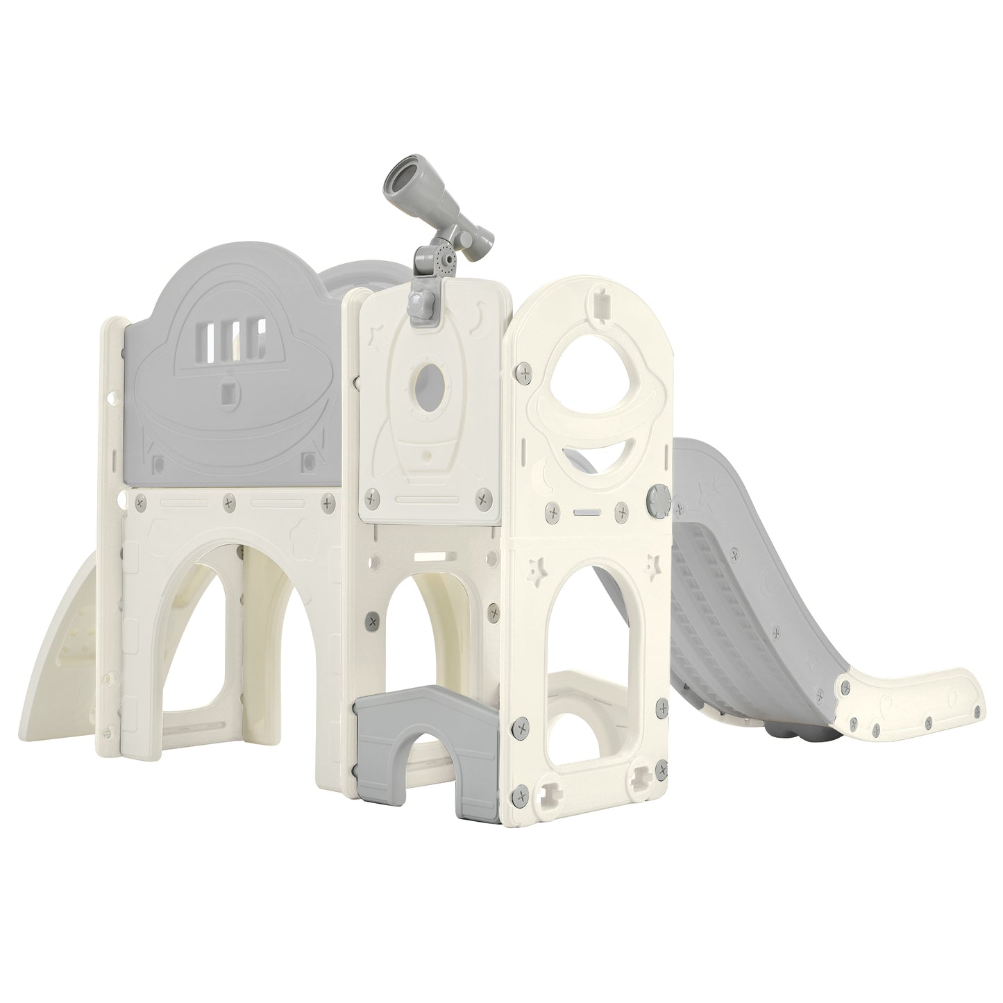 Kinderrutschen-Spielset-Struktur 7 in 1, freistehendes Raumschiff-Set mit Rutsche, Bogentunnel Grau+Weiß + HDPE