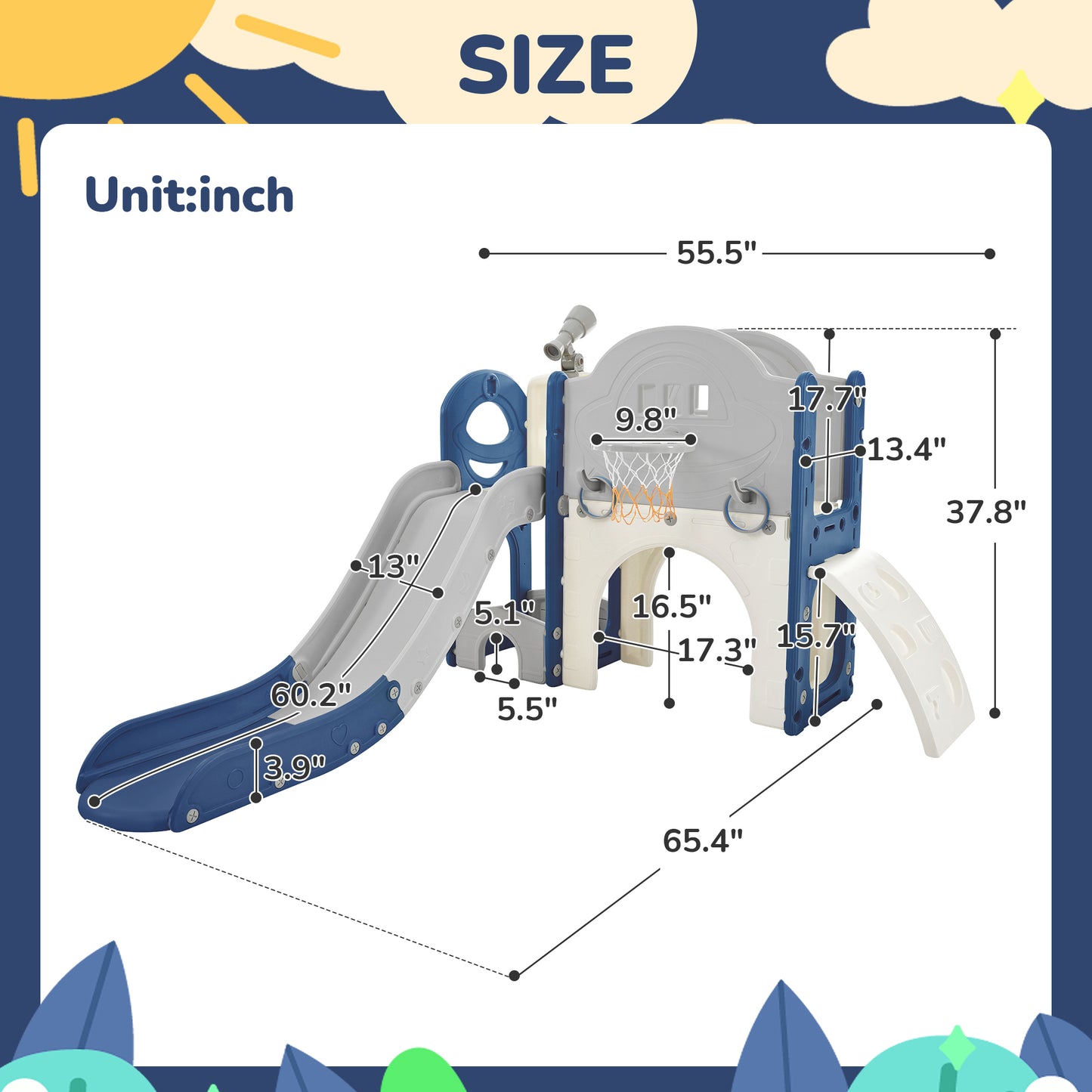 Kinderrutschen-Spielset-Struktur 7 in 1, freistehendes Raumschiff-Set mit Rutsche, Bogentunnel Blau+Grau + HDPE