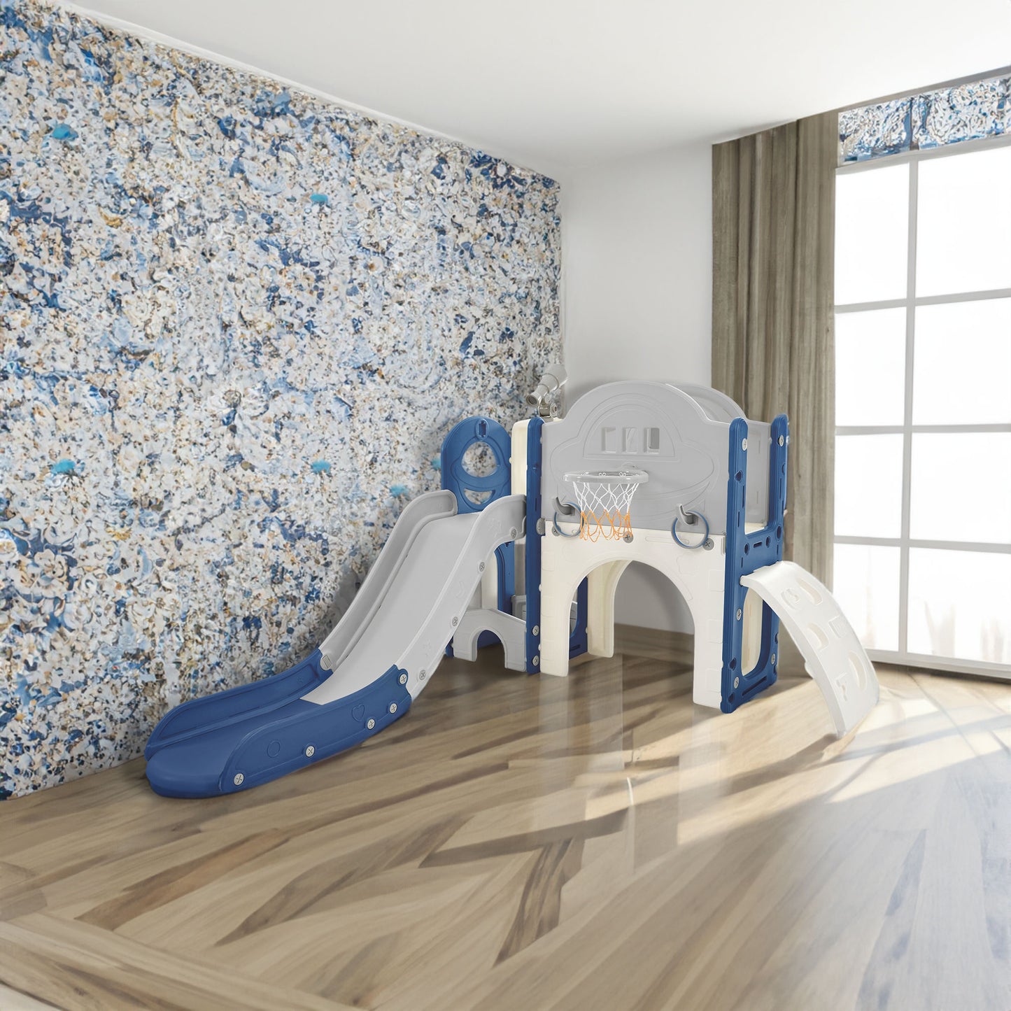 Kinderrutschen-Spielset-Struktur 7 in 1, freistehendes Raumschiff-Set mit Rutsche, Bogentunnel Blau+Grau + HDPE