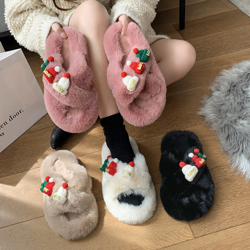 Weihnachtsmütze Flauschige Hausschuhe Damen Warme Zehenbedeckung Baumwollpantoffeln