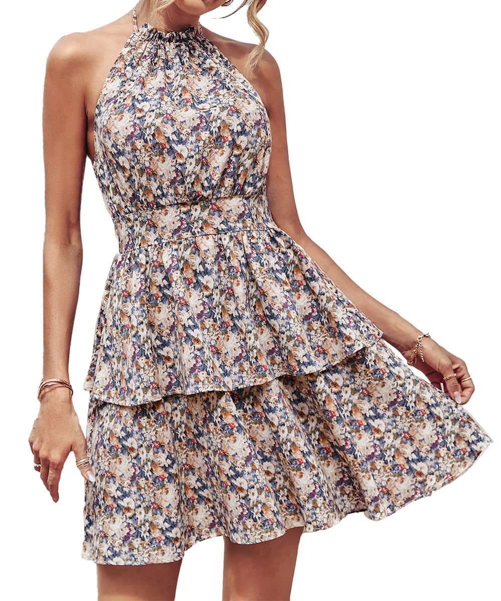 Sommer Bedrucktes Neckholderkleid Mode Boho Rückenfrei Rüschen A-Linie Strandkleider Für Damenbekleidung