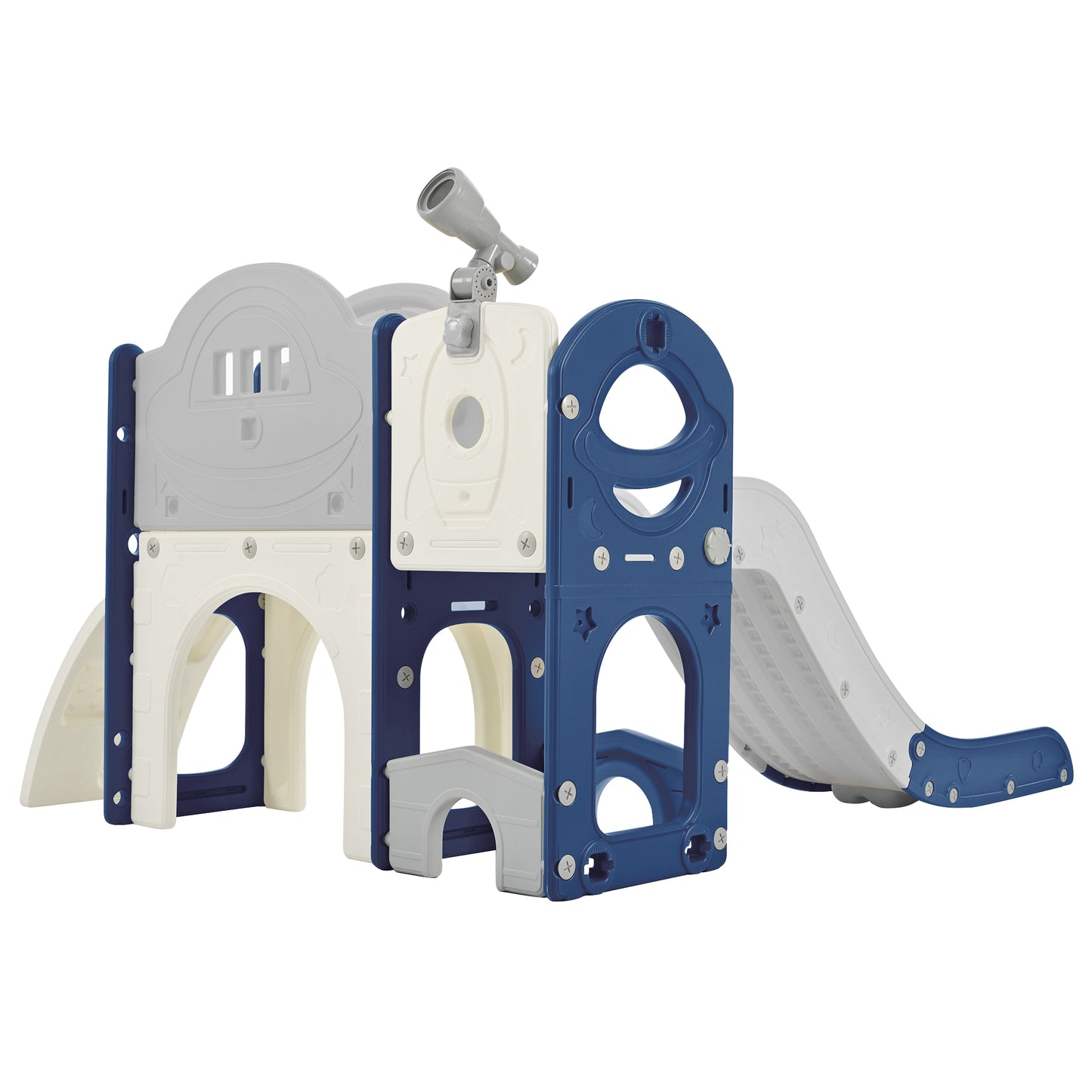 Kinderrutschen-Spielset-Struktur 7 in 1, freistehendes Raumschiff-Set mit Rutsche, Bogentunnel Blau+Grau + HDPE