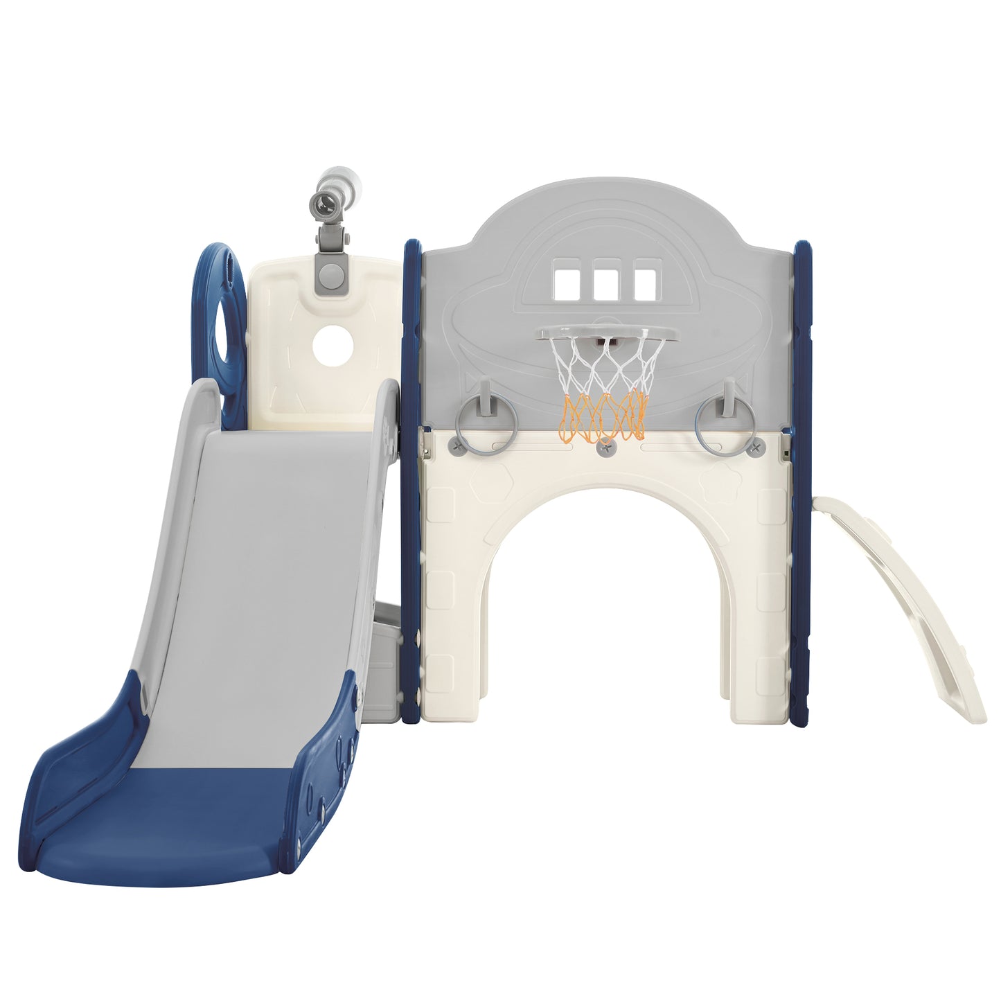 Kinderrutschen-Spielset-Struktur 7 in 1, freistehendes Raumschiff-Set mit Rutsche, Bogentunnel Blau+Grau + HDPE