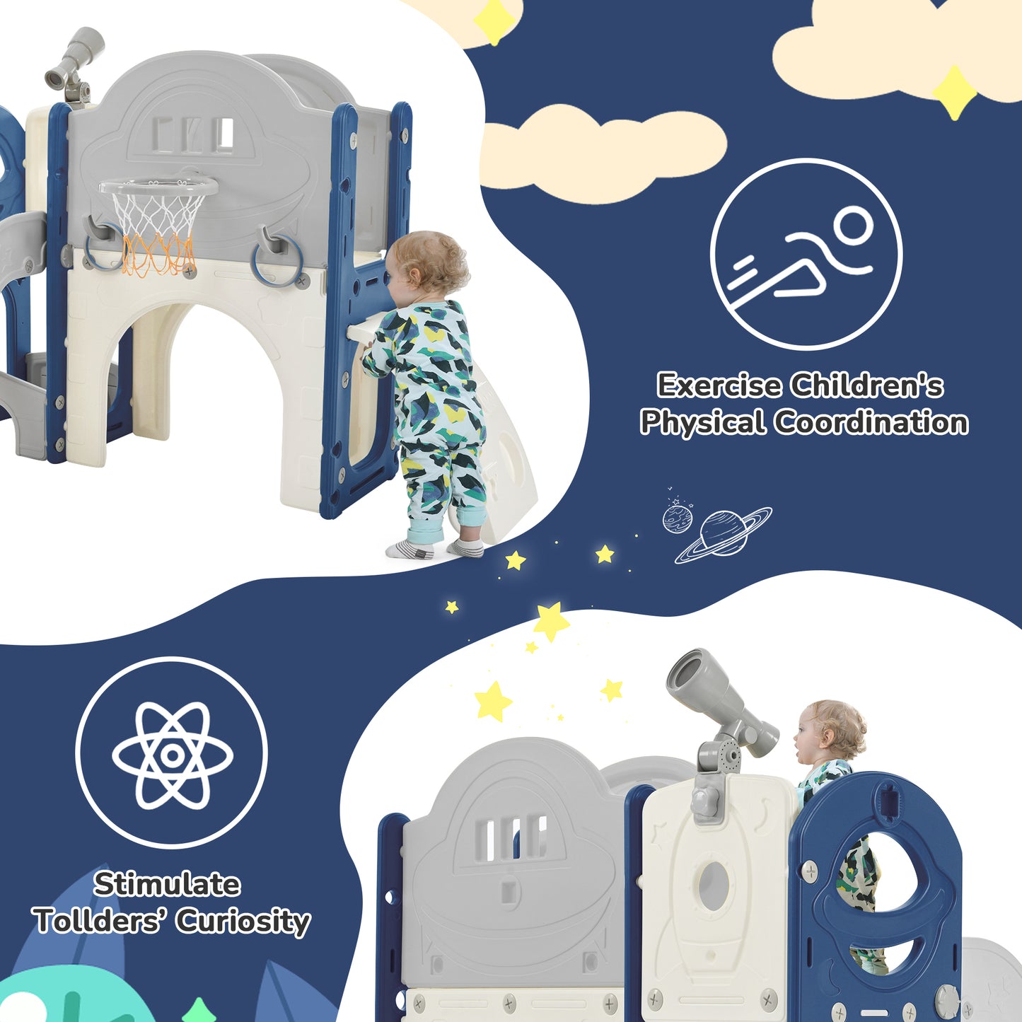 Kinderrutschen-Spielset-Struktur 7 in 1, freistehendes Raumschiff-Set mit Rutsche, Bogentunnel Blau+Grau + HDPE