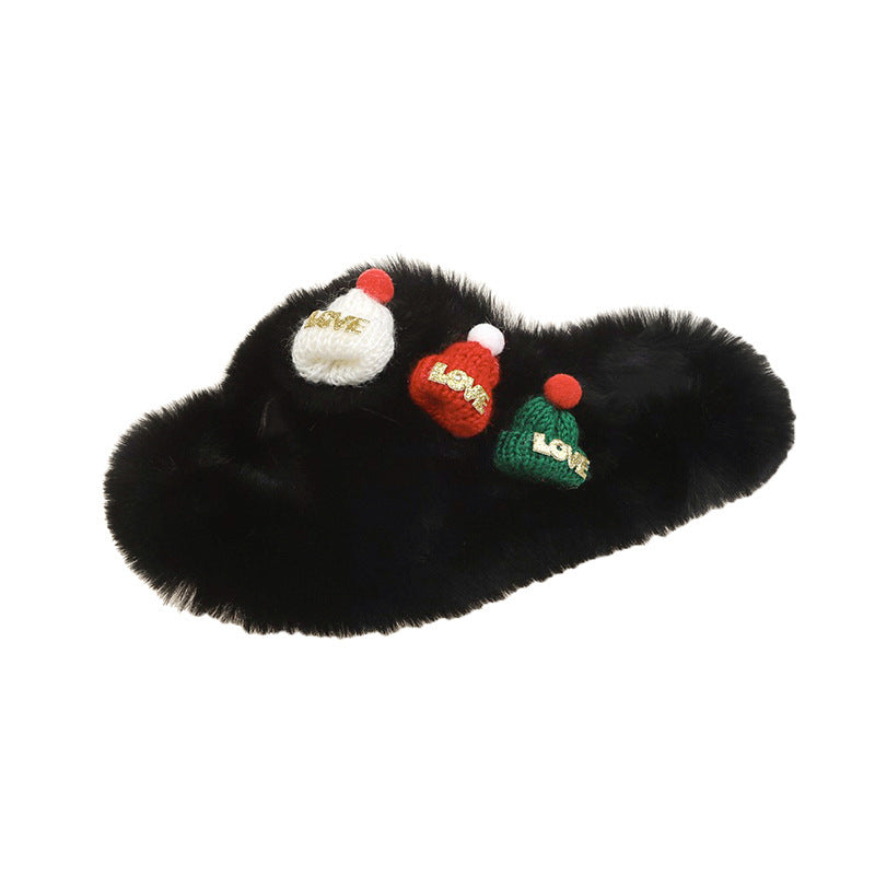 Weihnachtsmütze Flauschige Hausschuhe Damen Warme Zehenbedeckung Baumwollpantoffeln