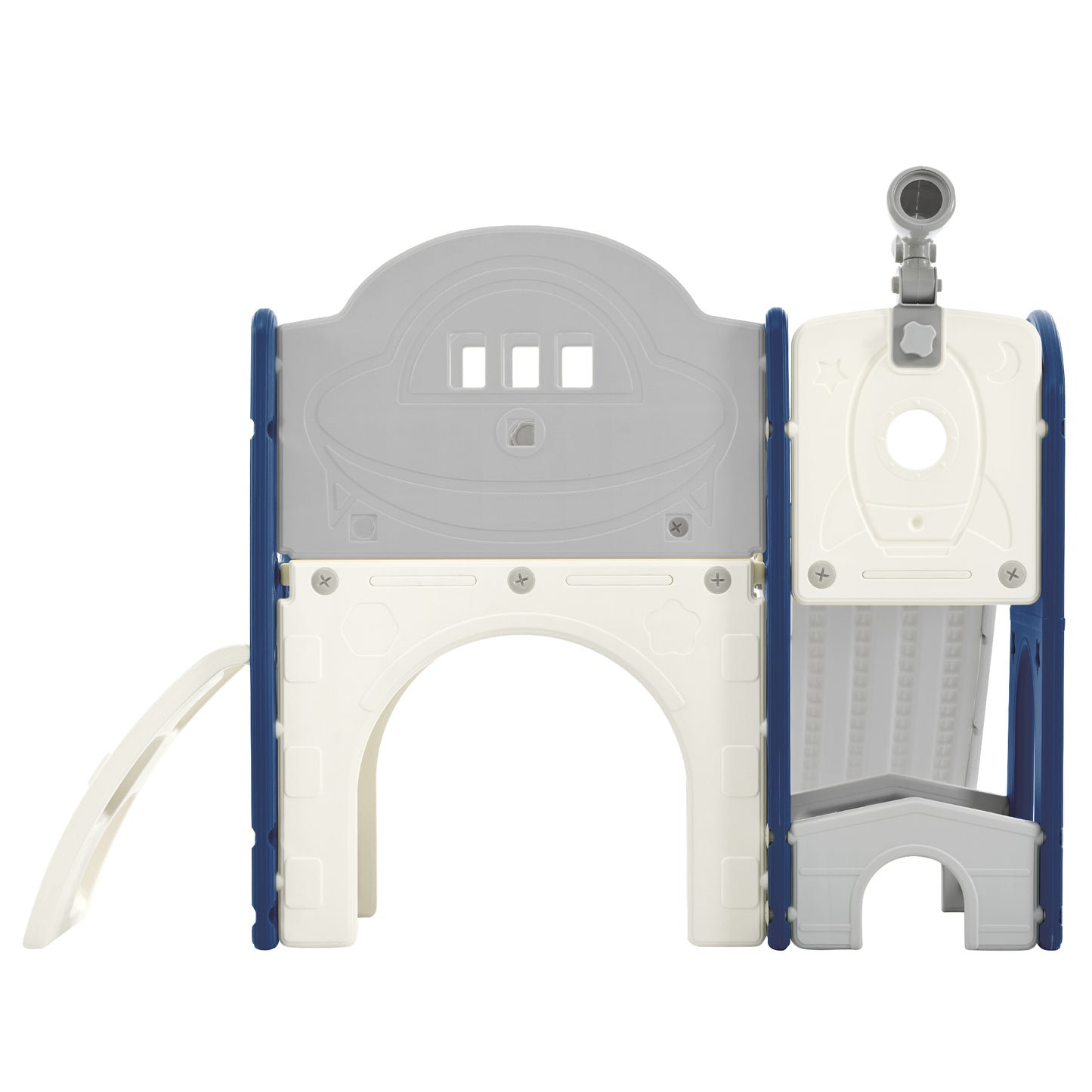 Kinderrutschen-Spielset-Struktur 7 in 1, freistehendes Raumschiff-Set mit Rutsche, Bogentunnel Blau+Grau + HDPE