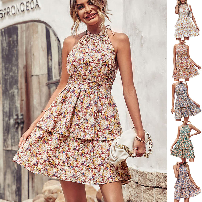 Sommer Bedrucktes Neckholderkleid Mode Boho Rückenfrei Rüschen A-Linie Strandkleider Für Damenbekleidung