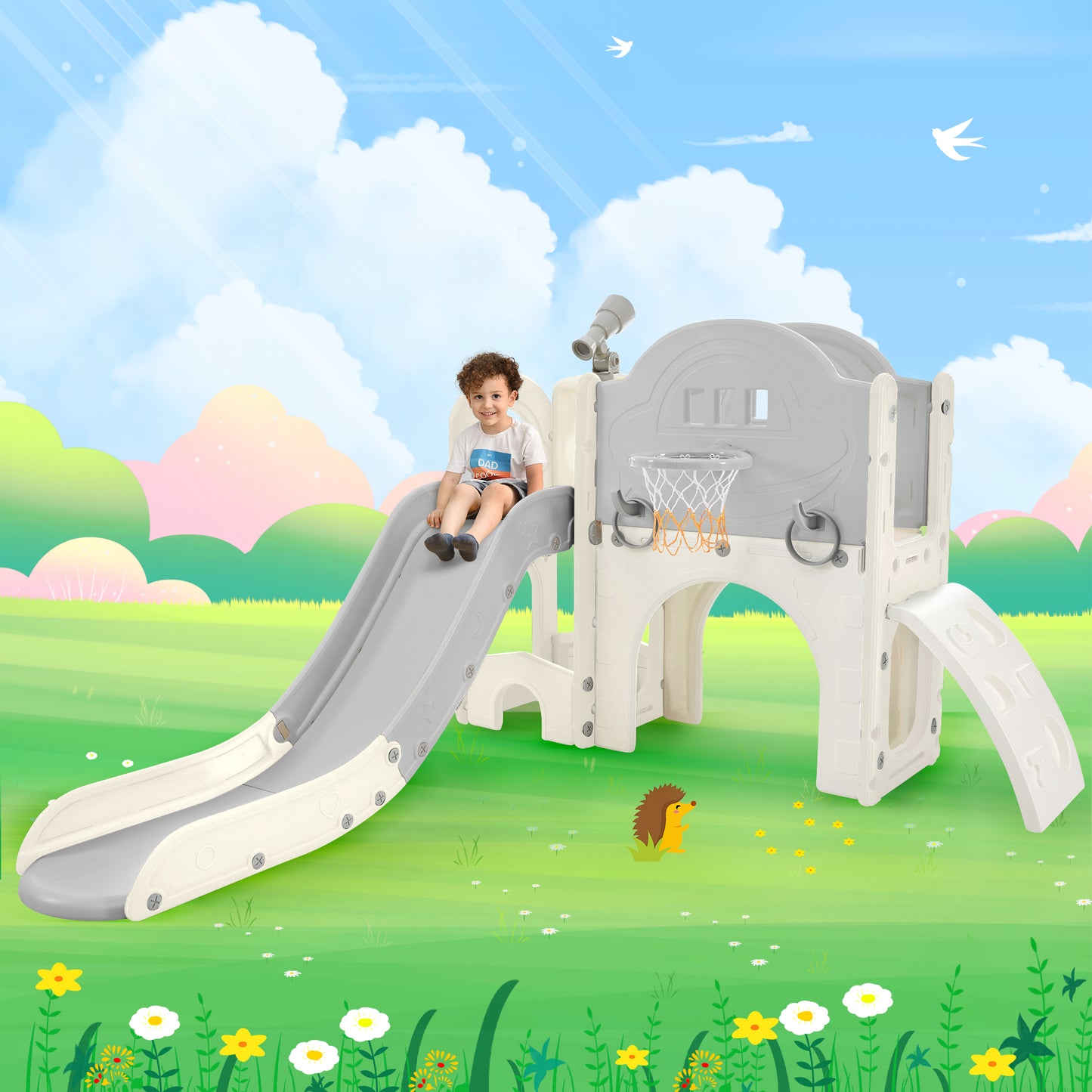 Kinderrutschen-Spielset-Struktur 7 in 1, freistehendes Raumschiff-Set mit Rutsche, Bogentunnel Grau+Weiß + HDPE