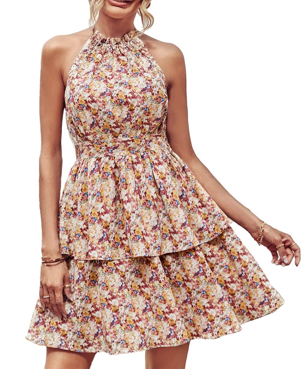 Sommer Bedrucktes Neckholderkleid Mode Boho Rückenfrei Rüschen A-Linie Strandkleider Für Damenbekleidung