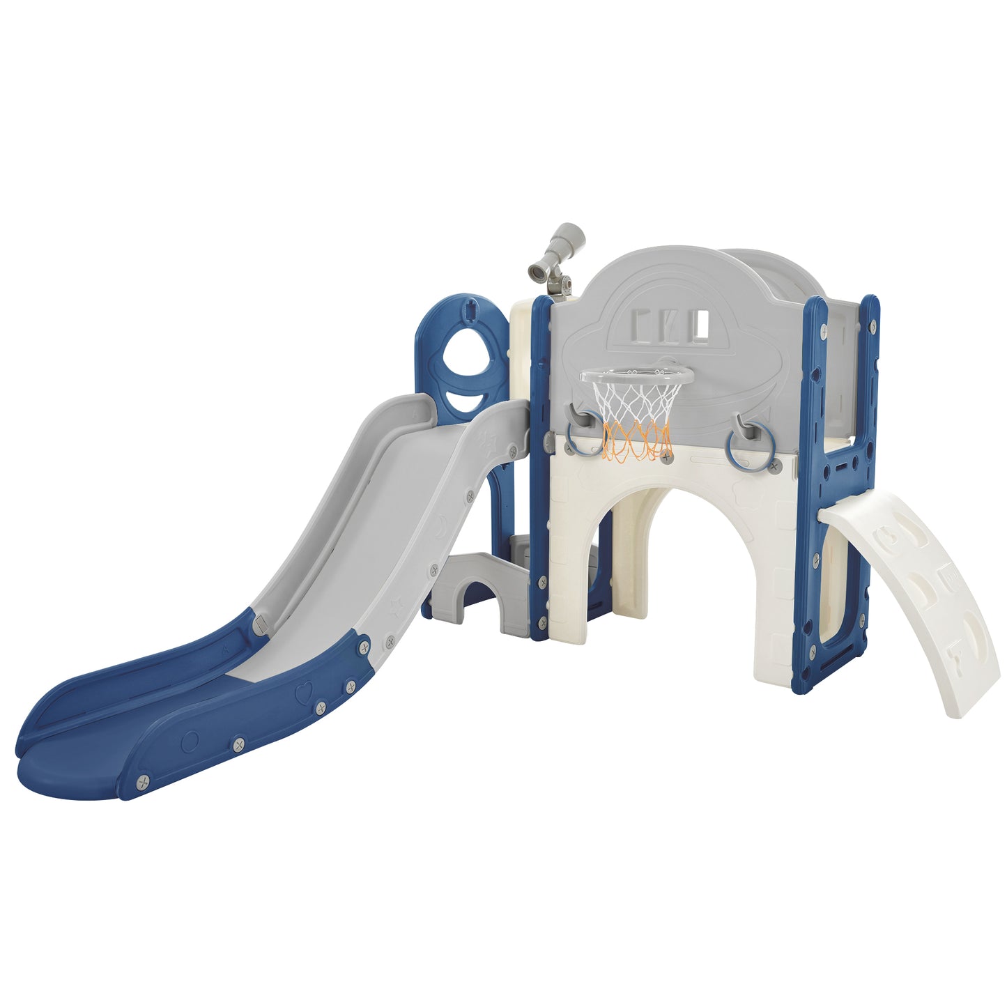 Kinderrutschen-Spielset-Struktur 7 in 1, freistehendes Raumschiff-Set mit Rutsche, Bogentunnel Blau+Grau + HDPE