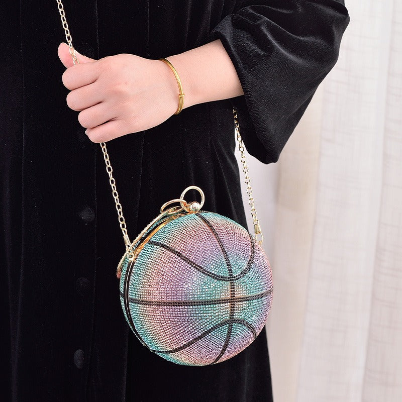 Basketball-Banketttasche, rund, mit Diamanten besetzt, handgehalten, vielseitig, in allmählicher Farbe, Abendkleid, diagonale Straddle-Tasche