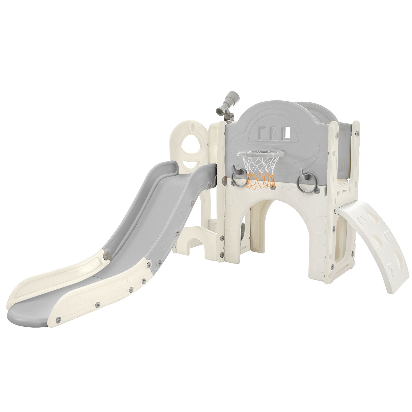 Kinderrutschen-Spielset-Struktur 7 in 1, freistehendes Raumschiff-Set mit Rutsche, Bogentunnel Grau+Weiß + HDPE