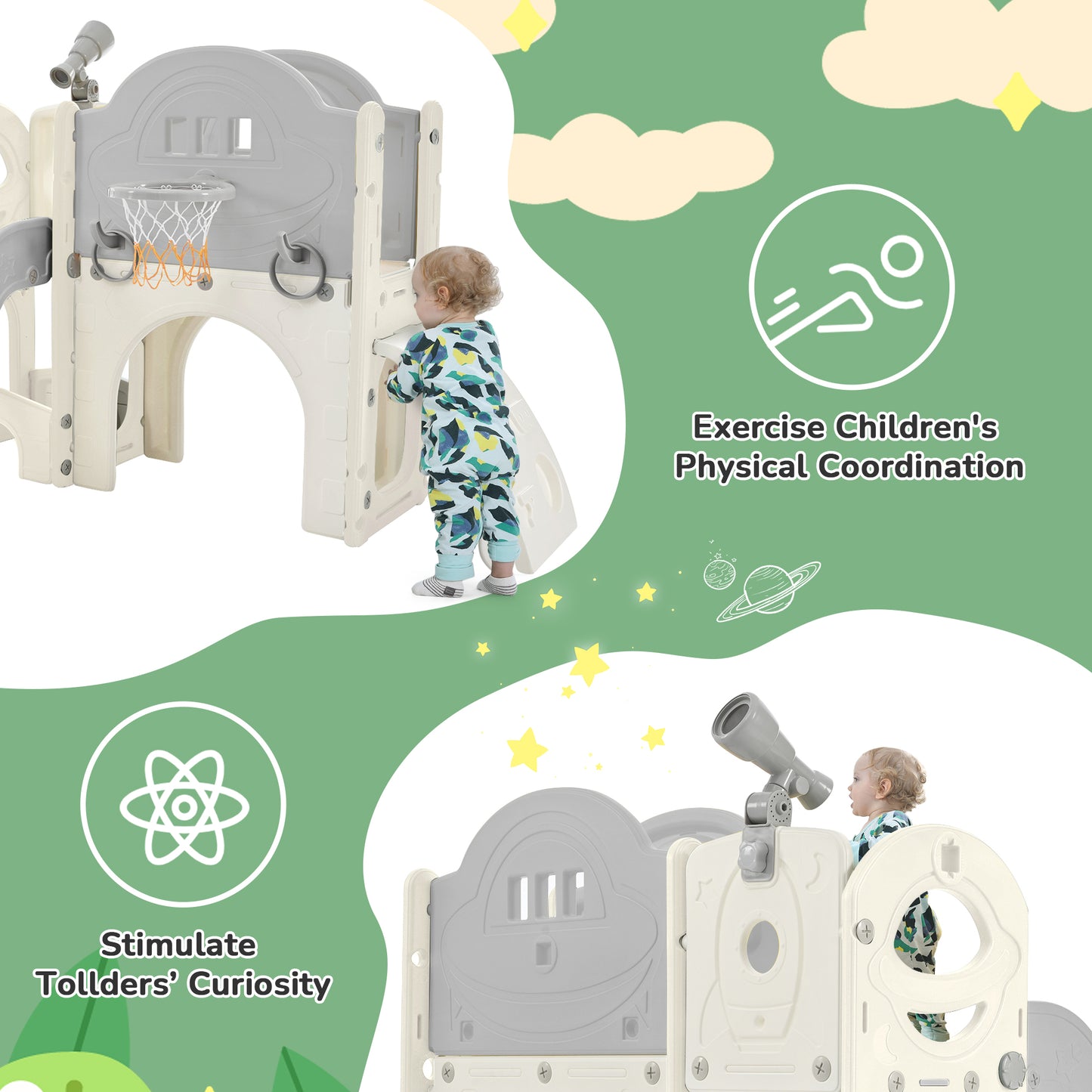Kinderrutschen-Spielset-Struktur 7 in 1, freistehendes Raumschiff-Set mit Rutsche, Bogentunnel Grau+Weiß + HDPE