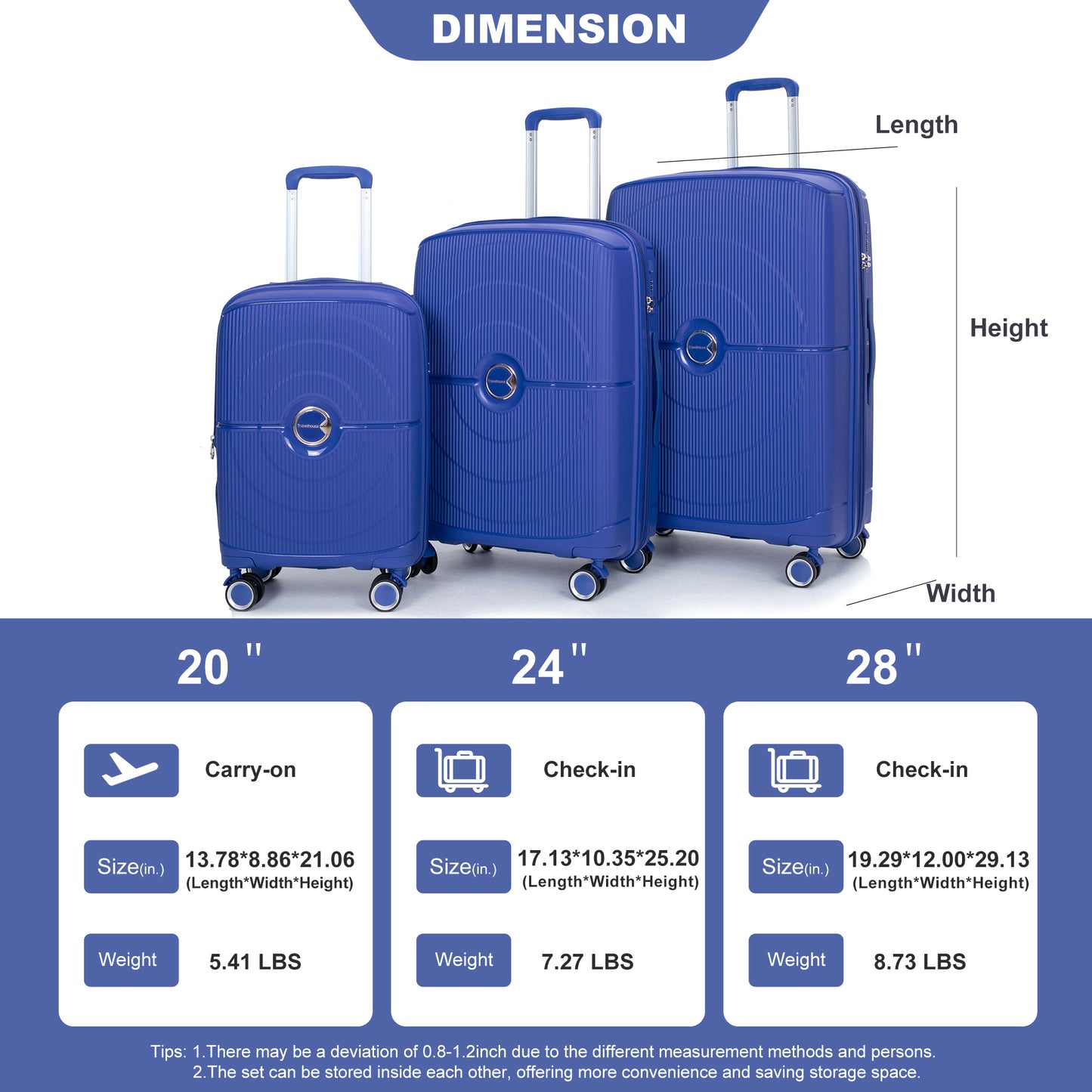Erweiterbarer Hartschalenkoffer mit Doppel-Spinner-Rädern, PP-Gepäcksets, leicht, langlebig, 3-teiliges Set (20/24/28), Marineblau