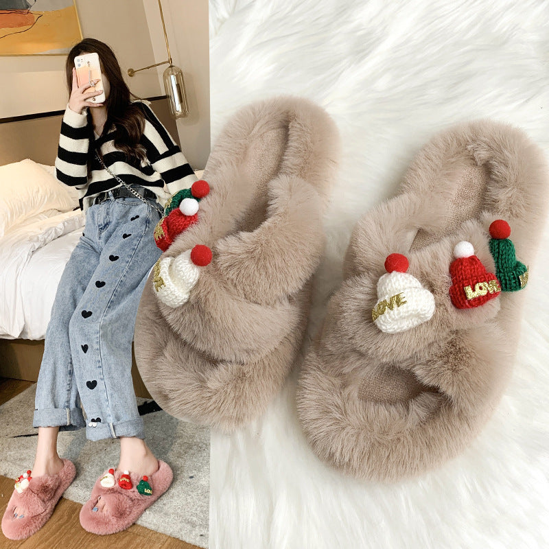 Weihnachtsmütze Flauschige Hausschuhe Damen Warme Zehenbedeckung Baumwollpantoffeln