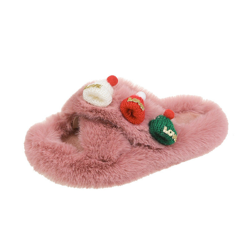 Weihnachtsmütze Flauschige Hausschuhe Damen Warme Zehenbedeckung Baumwollpantoffeln