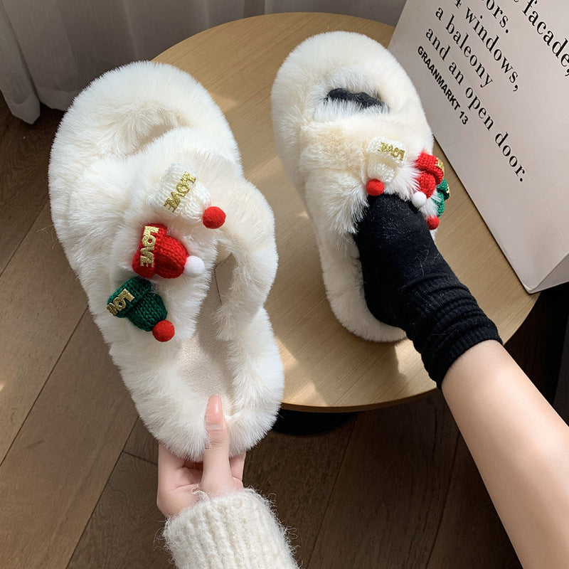 Weihnachtsmütze Flauschige Hausschuhe Damen Warme Zehenbedeckung Baumwollpantoffeln