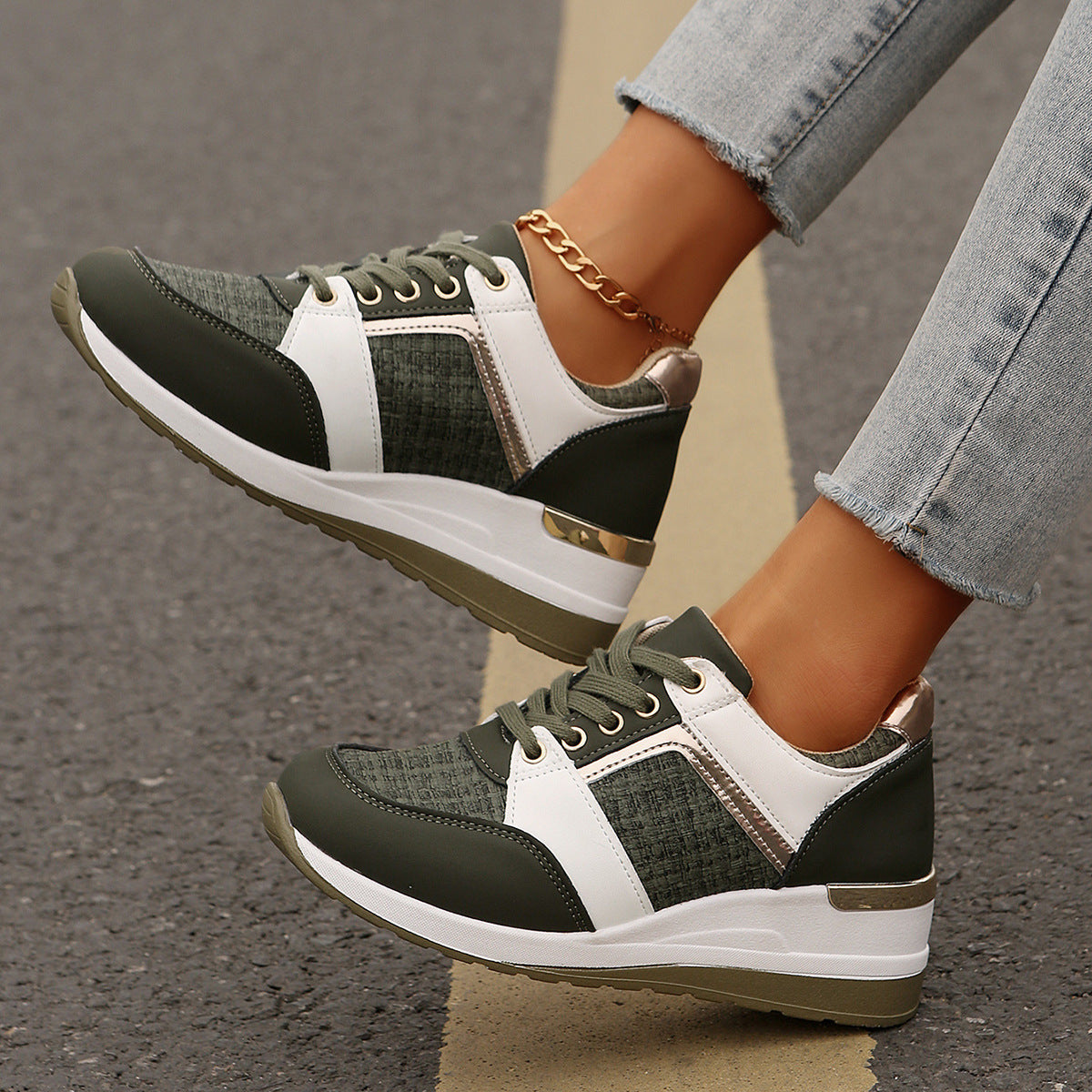 Colorblock-Schnür-Sneakers, modische, lässige Sportschuhe mit dicker Sohle, runde Zehenpartie, Slip-On-Freizeitschuhe für Damen