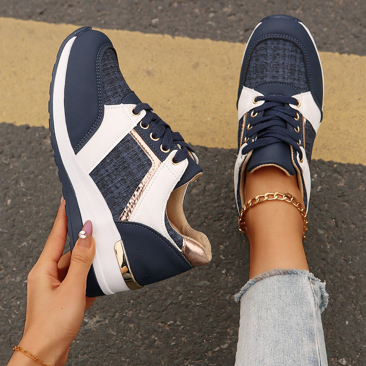 Colorblock-Schnür-Sneakers, modische, lässige Sportschuhe mit dicker Sohle, runde Zehenpartie, Slip-On-Freizeitschuhe für Damen