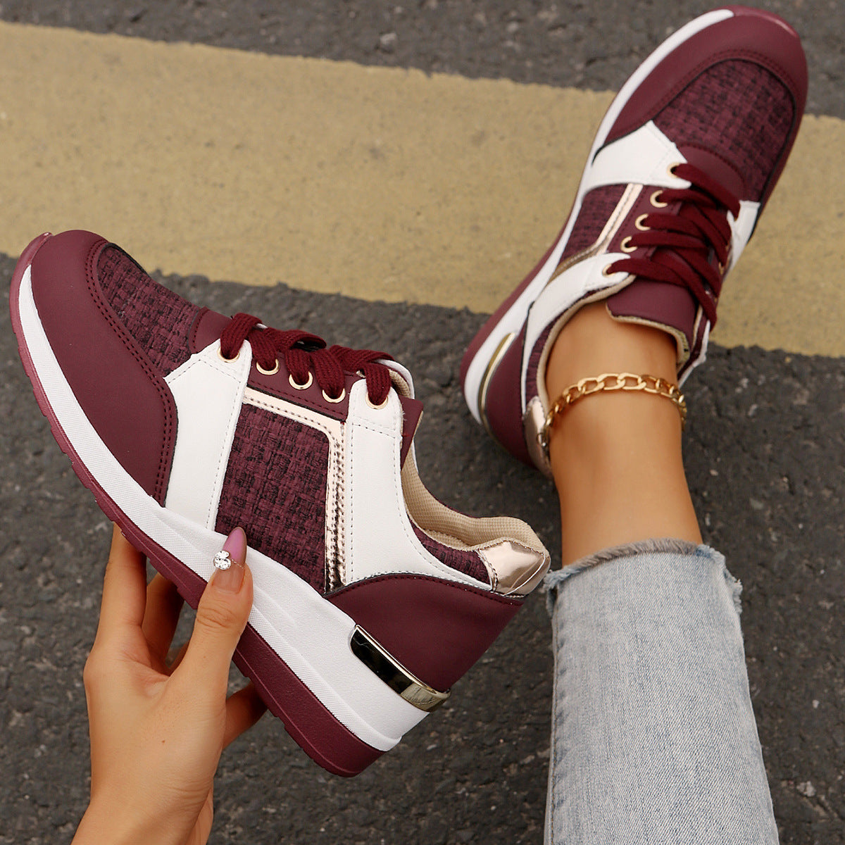Colorblock-Schnür-Sneakers, modische, lässige Sportschuhe mit dicker Sohle, runde Zehenpartie, Slip-On-Freizeitschuhe für Damen