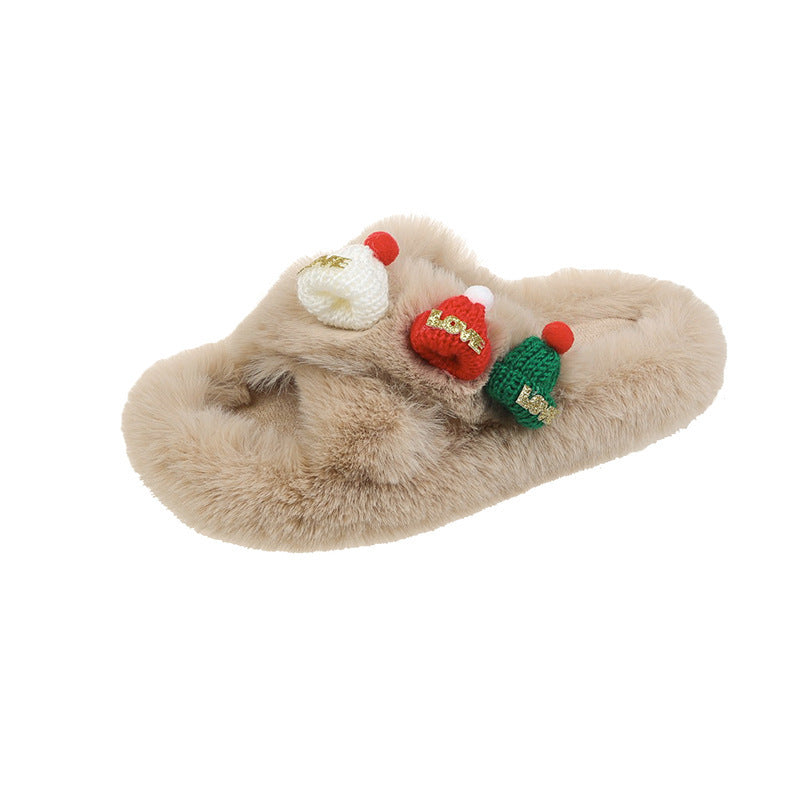 Weihnachtsmütze Flauschige Hausschuhe Damen Warme Zehenbedeckung Baumwollpantoffeln