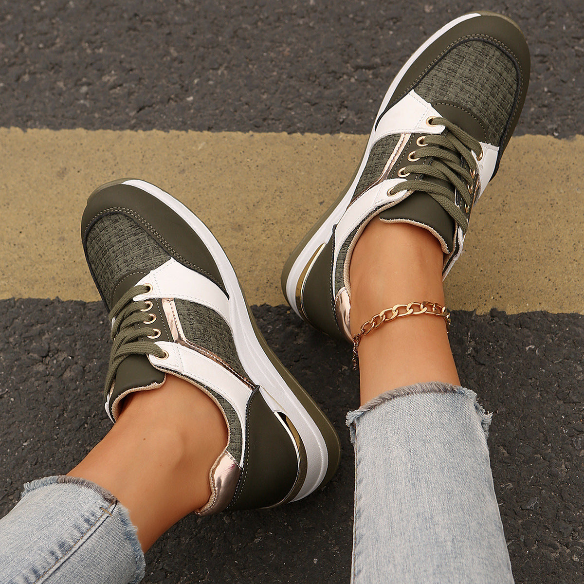 Colorblock-Schnür-Sneakers, modische, lässige Sportschuhe mit dicker Sohle, runde Zehenpartie, Slip-On-Freizeitschuhe für Damen