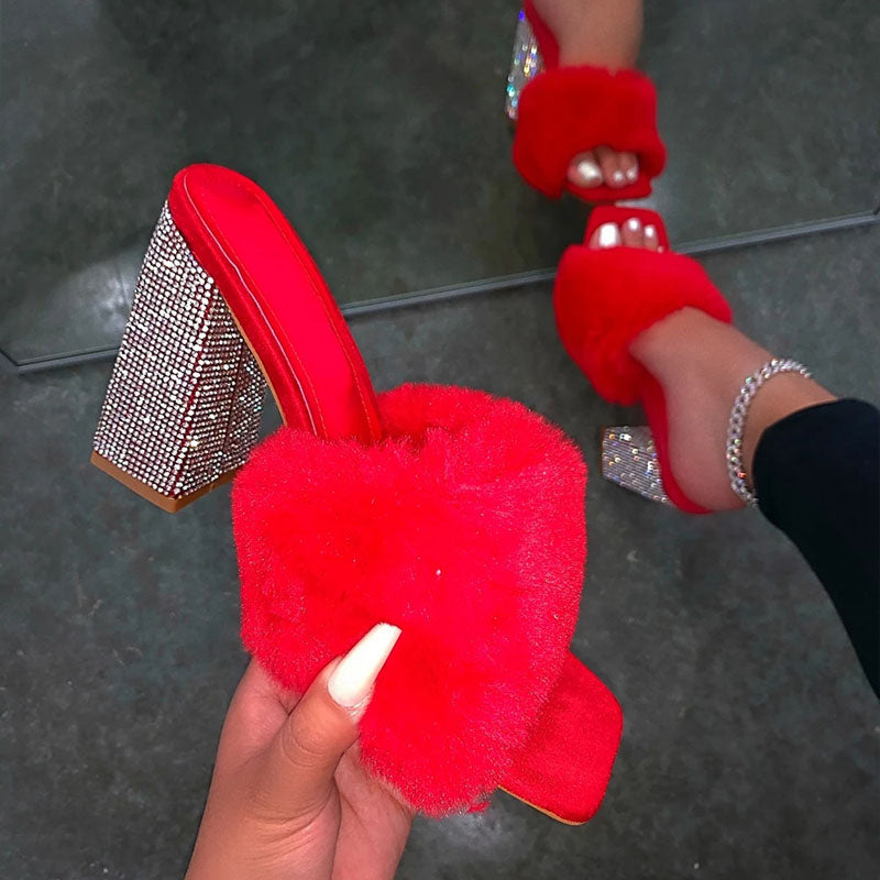 Women's Summer Fashion Rhinestone Fluffy High Heel Sandals