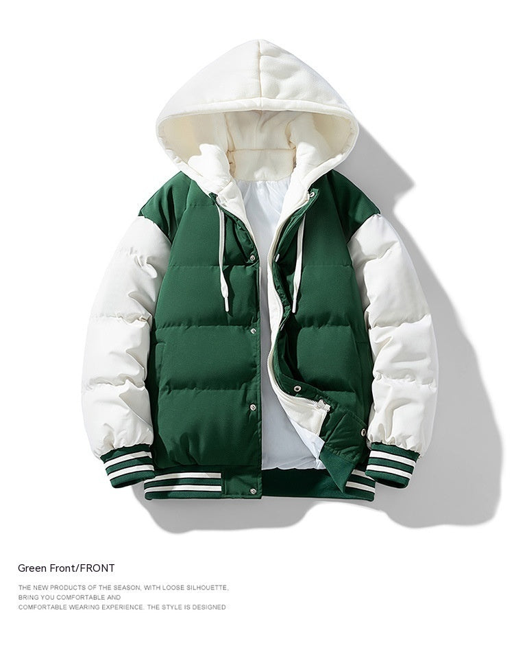 Thickened Down Cotton Jacket With Hood And Two Fake Pieces
