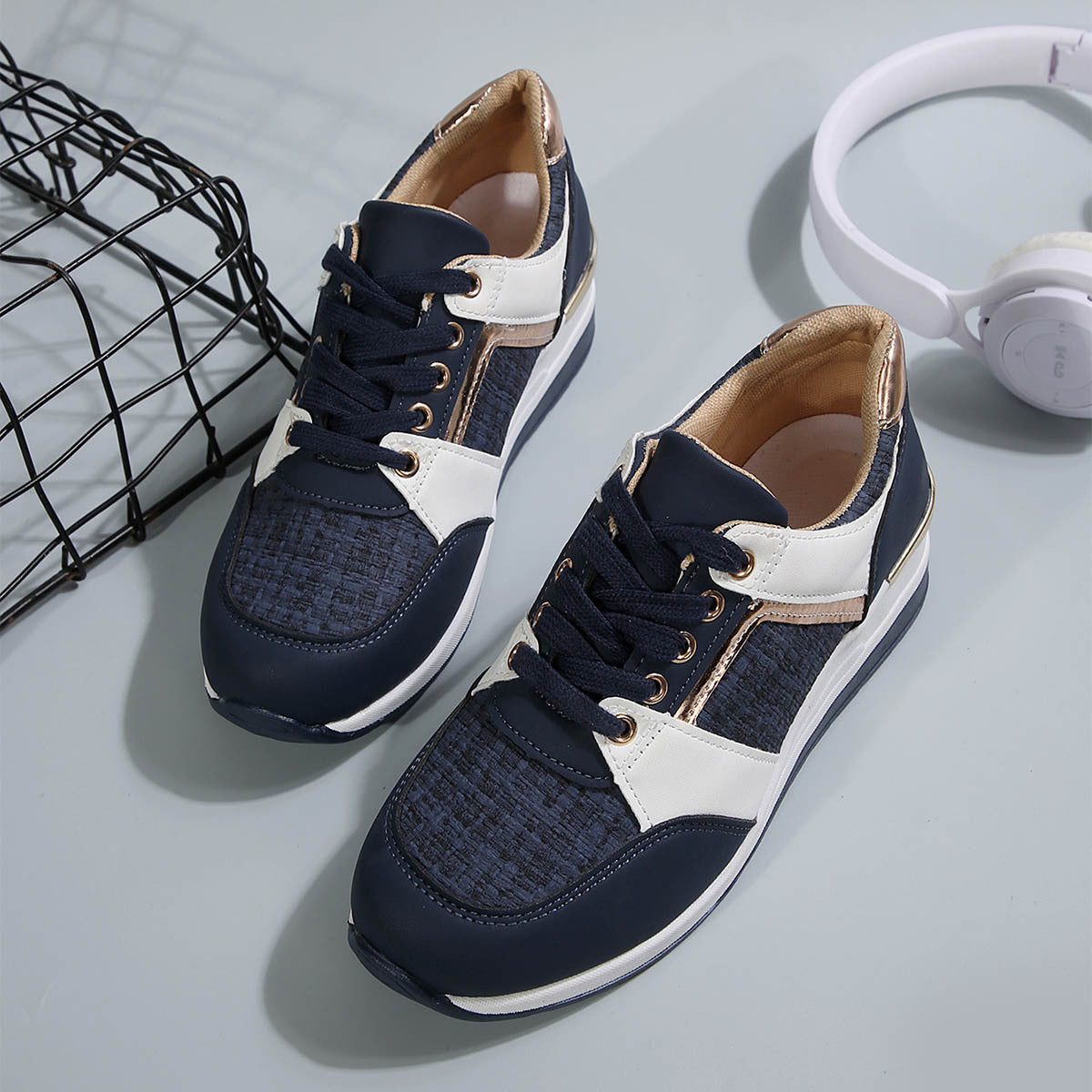 Colorblock-Schnür-Sneakers, modische, lässige Sportschuhe mit dicker Sohle, runde Zehenpartie, Slip-On-Freizeitschuhe für Damen