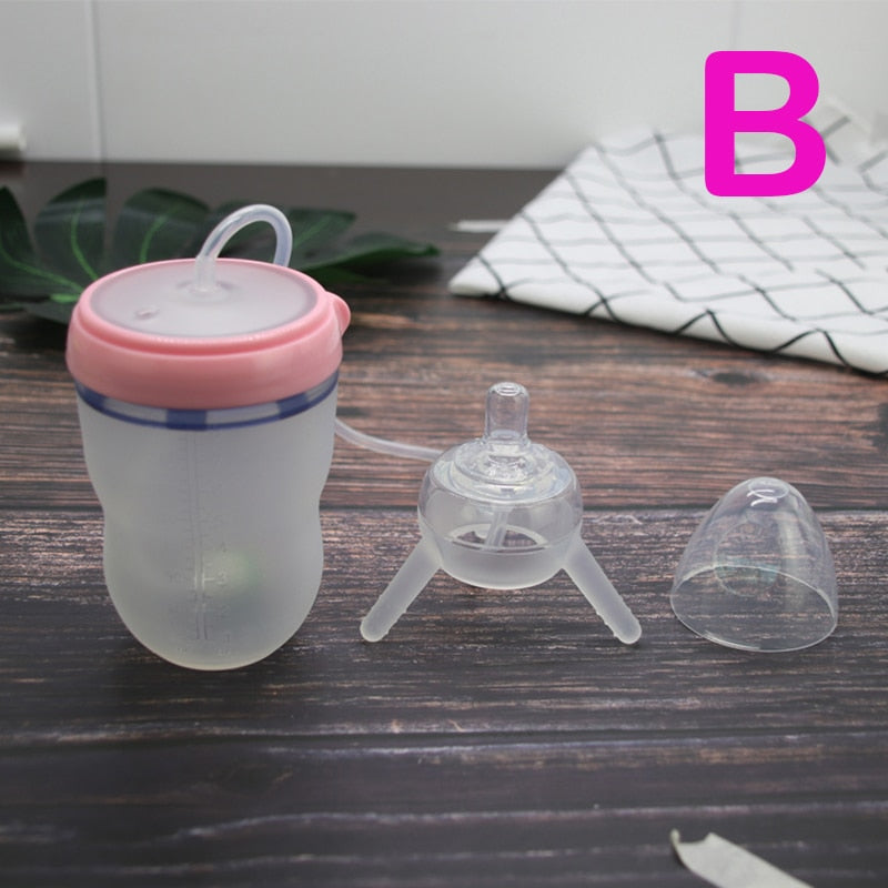 250ml Baby Bottle Kids Cup Silicone Sippy Children Training Cute Baby Drinking Water Straw Feeding Bottle Hands-free Bottle