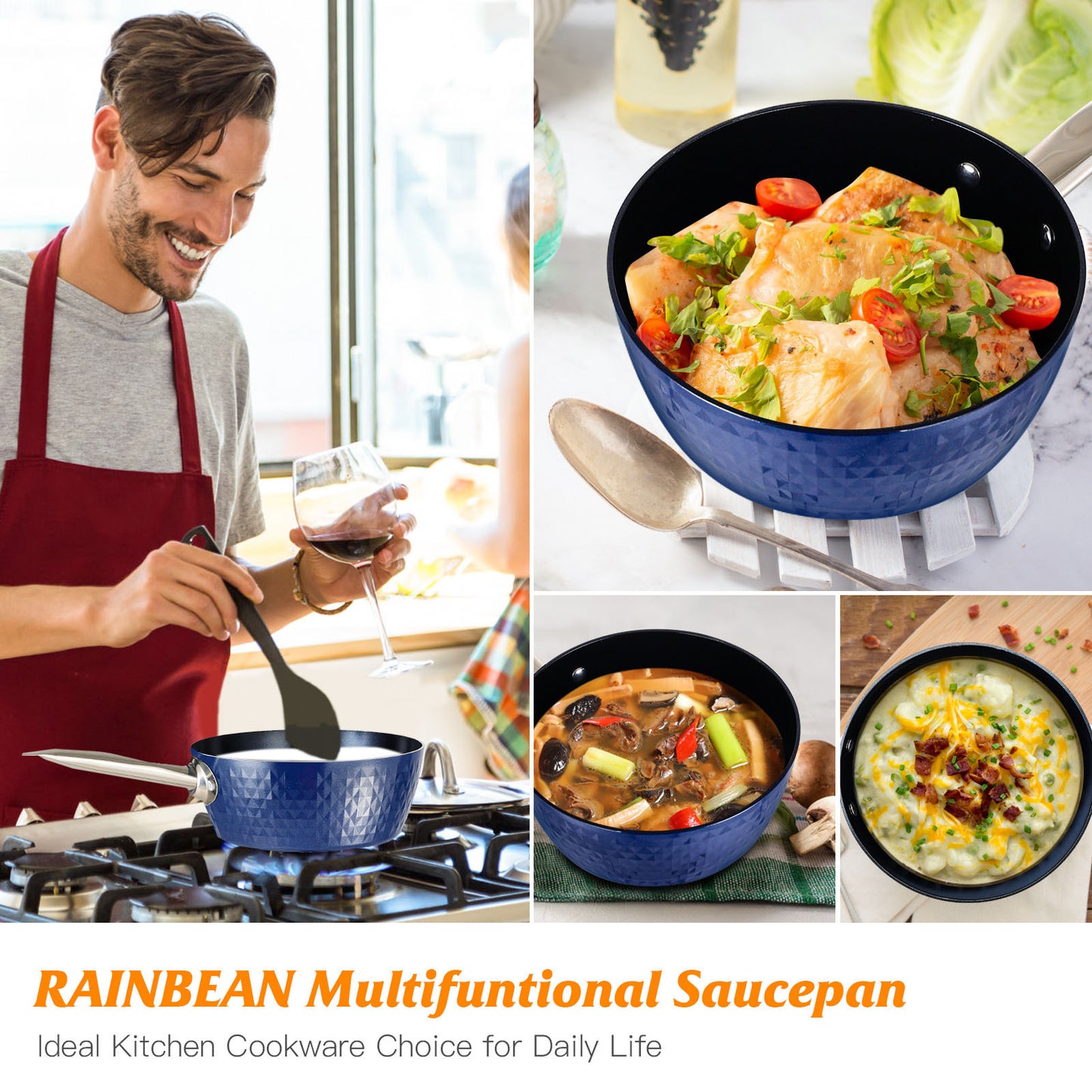 Rainbean Multi-Purpose Non-Stick Saucepan, 18cm & 17cm Set - Triple Layer Composite Base with Stainless Steel Handle, Compatible with All Stovetops Including Induction, PFOA-Free, Ideal for Sauces & Simmering