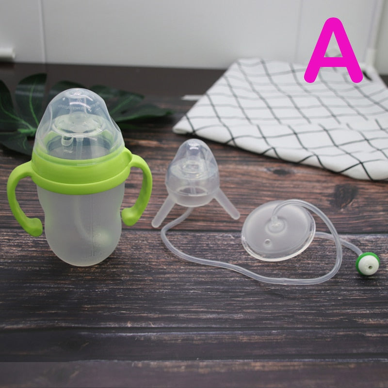 250ml Baby Bottle Kids Cup Silicone Sippy Children Training Cute Baby Drinking Water Straw Feeding Bottle Hands-free Bottle