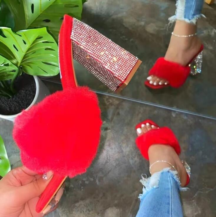 Women's Summer Fashion Rhinestone Fluffy High Heel Sandals