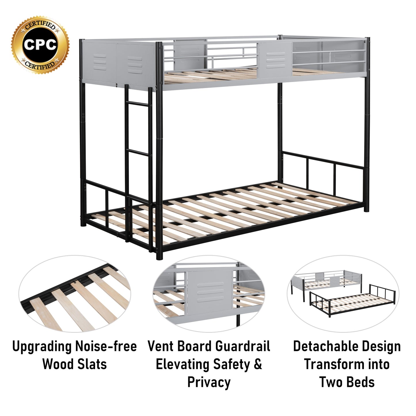 Metal twin bed with ventilation panel for noise reduction/safety guardrail/flexible space support/triple bed/CPC Certified