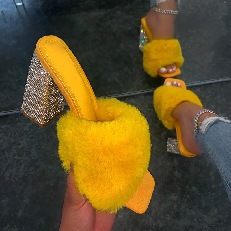 Women's Summer Fashion Rhinestone Fluffy High Heel Sandals