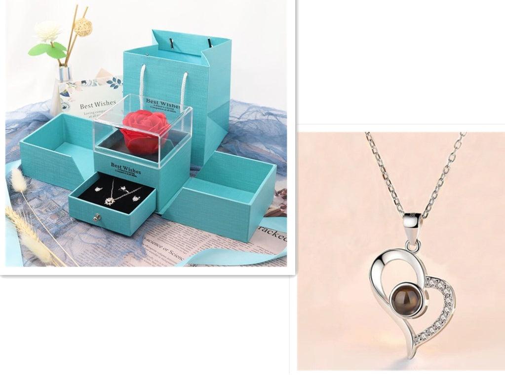 Heiße Valentinstagsgeschenke Metall Rose Schmuck Geschenkbox Halskette für Hochzeit Freundin Halskette Geschenke