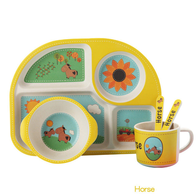 5pcs/set Baby Dinnerware Bamboo Fiber Children Tableware Set Plate Dishes Bowl With Spoon Cartoon Feeding Set Food Container