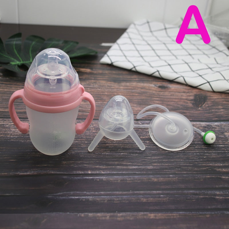 250ml Baby Bottle Kids Cup Silicone Sippy Children Training Cute Baby Drinking Water Straw Feeding Bottle Hands-free Bottle