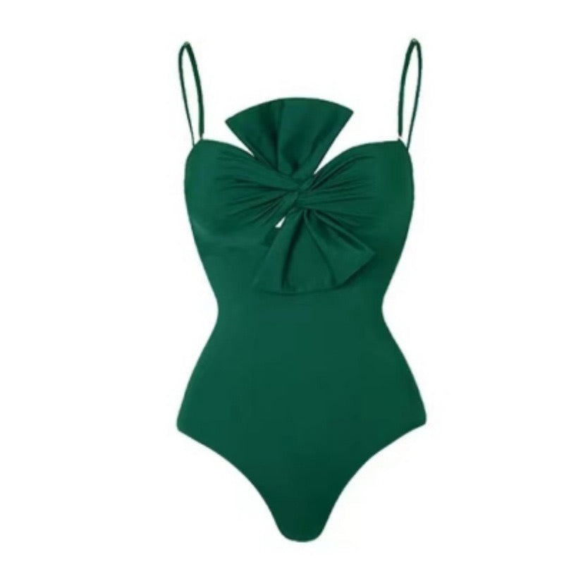 New women's swimsuit solid color jumpsuit bow conservative swimsuit for women