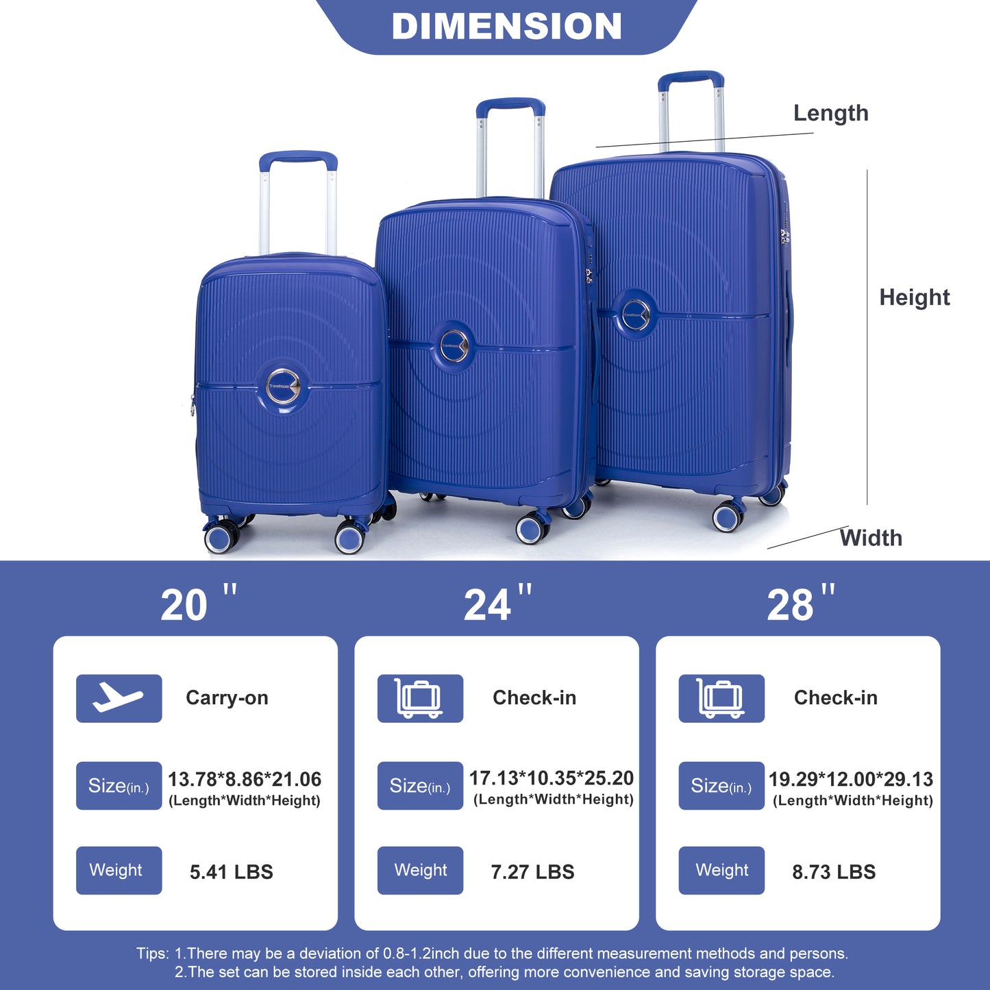 Expandable Hardshell Suitcase Double Spinner Wheels PP Luggage Sets Lightweight Durable ,3-Piece Set (20/24/28) ,Navy