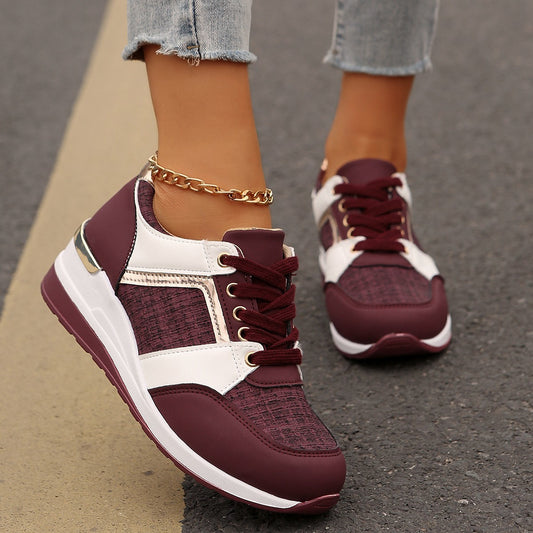Colorblock-Schnür-Sneakers, modische, lässige Sportschuhe mit dicker Sohle, runde Zehenpartie, Slip-On-Freizeitschuhe für Damen